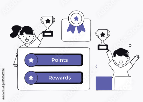 Vector design showing kids earning badges, points, rewards on e-learning platforms — colorful UI elements like progress bars, trophies, and avatars.
