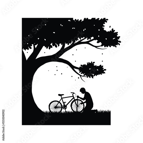 Silhouette of a person repairing a bicycle under a tree