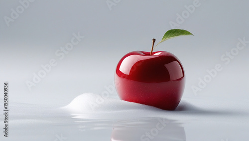 Fresh Red Apple with Green Leaf on Reflective Surface – Healthy and Minimalist Food Concept