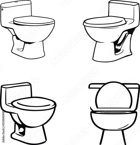 Toilet Bowl Line Art Vector Set - Bathroom WC Fixture Outline Illustrations SVG