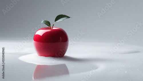 Fresh Red Apple with Green Leaf on Reflective Surface – Healthy and Minimalist Food Concept