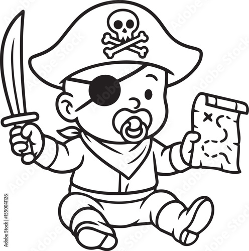 Adorable Baby Pirate: A cute baby dressed as a pirate, complete with a hat, eye patch, and sword, holds a treasure map. A delightful illustration perfect for children's books, cards, or websites.