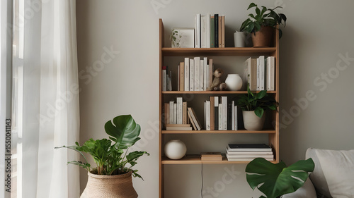 Scandinavian Bookshelf with Plants and Light Wall – Home Office Background