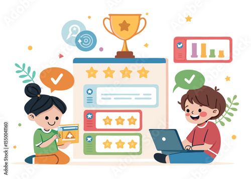 Vector design showing kids earning badges, points, rewards on e-learning platforms — colorful UI elements like progress bars, trophies, and avatars.

