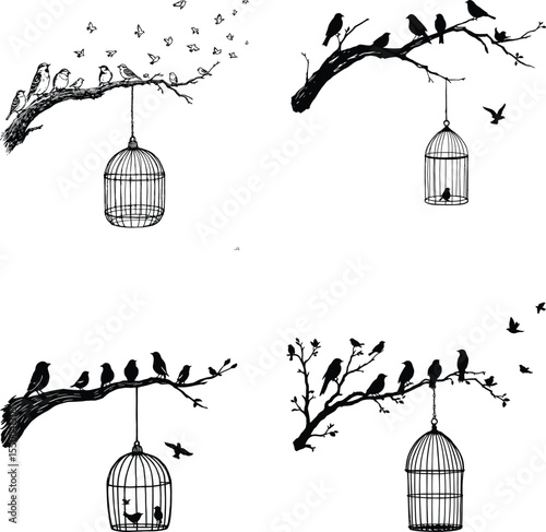 Birds on Branches with Birdcages Vector Set - Freedom and Nature Silhouettes SVG