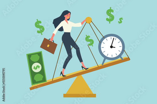 Achieving life balance. A businesswoman juggles financial success and time, illustrating smart time management and productivity.