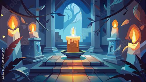 Warm candlelight illuminates the dark church, creating a romantic decoration for a Christmas celebration as flames burn on wax candles