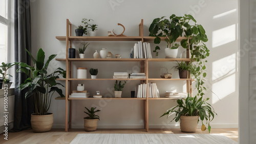 Scandinavian Bookshelf with Plants and Light Wall – Home Office Background