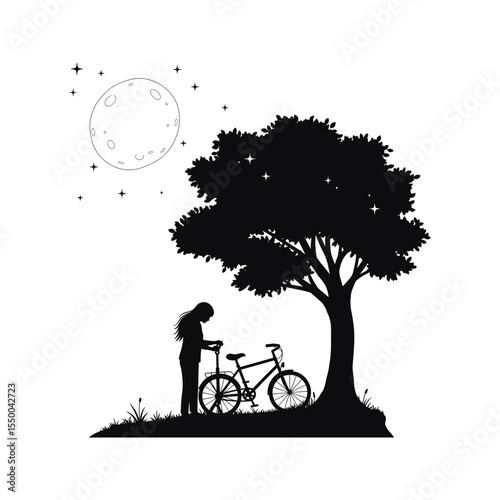 Silhouette of a girl repairing a bicycle under a tree at night
