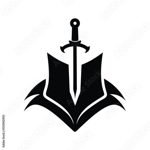 silhouette fantasy sword and book logo icon