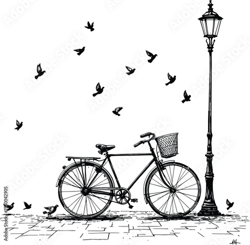 Black and white vector illustration of a vintage bicycle with front basket parked beside a tall street lamp on a cobblestone street, with birds in flight and at rest, 