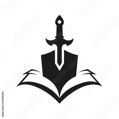 silhouette fantasy sword and book logo
