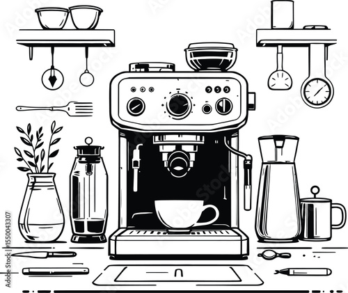 Black and white vector illustration of a home coffee station featuring an espresso machine, grinder, milk frother, cups, utensils, potted plant, and shelving with glasses,