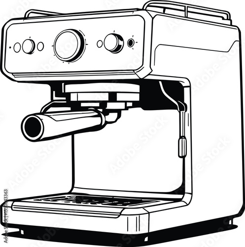 Black and white vector illustration of an espresso machine featuring portafilter, steam wand, and button control panel,