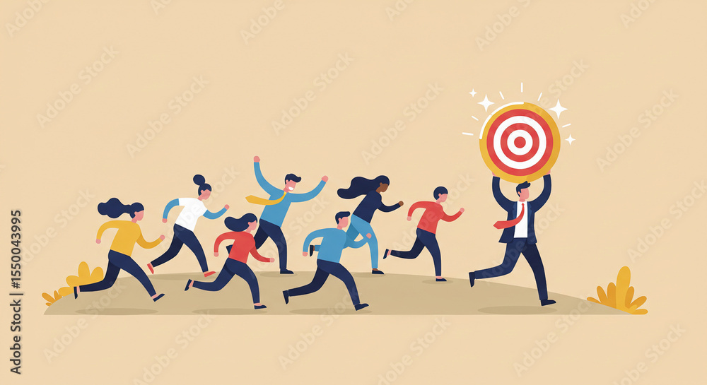 Obraz premium Flat Design People Running Toward Target Held by Businessman’s Hand – Business Goal Achievement Concept