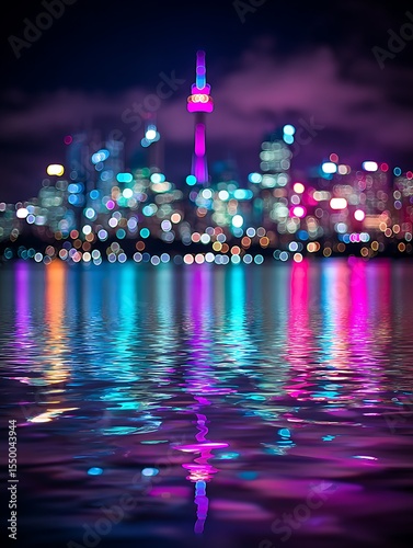 City lights reflected on water at night