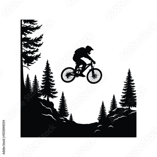 Silhouette of a mountain biker soaring through a pine forest