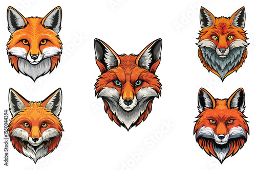 Red fox (Vulpes vulpes) Illustration fox head, vector face red fox, set