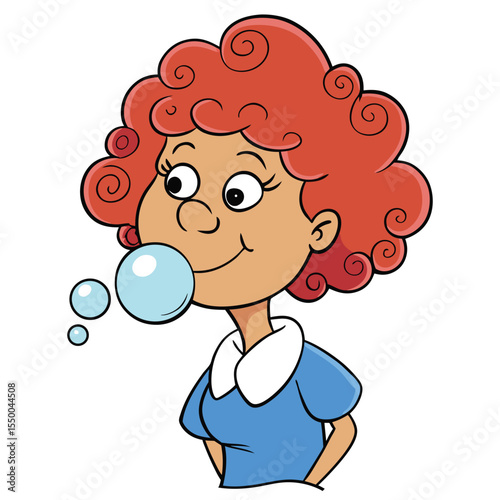 Playful woman with curly hair happily blowing bubbles outdoors, enjoying a carefree moment.