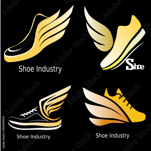 Golden yellow shoe silhouette incorporated with stylized wing-like shapes in gradient shades of yellow and gold, set against a black background. The text "Shoe Industry" appears in bold white letterin