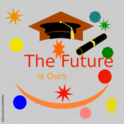 Silhouettes of students in graduation caps and gowns are depicted celebrating against a vibrant, colorful sky. Fireworks burst in various shades, adding excitement to the scene. Tall buildings form a 