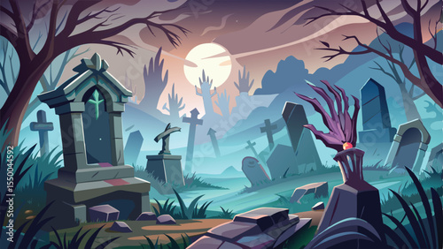 A dark vector illustration for Halloween featuring a scary house and graveyard with a creepy tree silhouette against the moonlit night sky