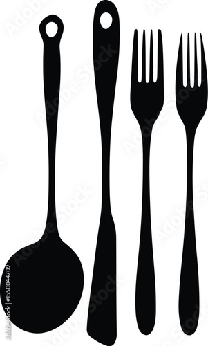 Black and white vector illustration of assorted kitchen utensils including a ladle, sharp knife, and two-pronged forks, arranged vertically with uniform handles,