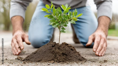 Hands nurturing a growing sapling in soil, symbolizing environmental care and growth