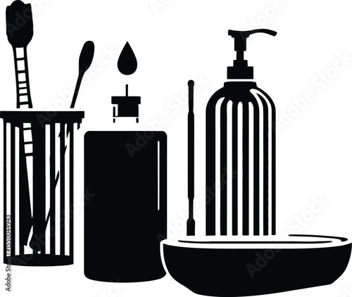 Black and white vector illustration of assorted bathroom items including a toothbrush in a holder, a tube of toothpaste, pump bottles, a scrubbing brush, and a soap dish with bar soap,
