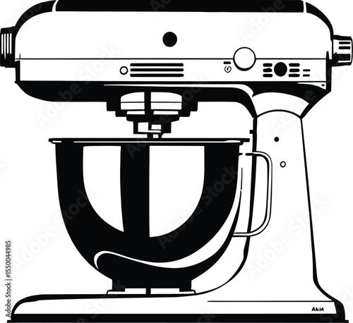 Black and white vector illustration of a stand mixer with attached mixing bowl and visible control panel, designed in a minimalistic silhouette style to represent baking appliances, kitchen equipment,