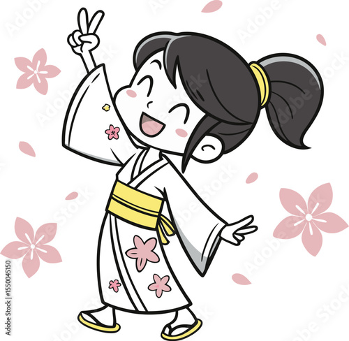 Happy Cartoon Illustration of a Girl in a Light Blue Kimono with Cherry Blossom Patterns Wearing a Yellow Obi Belt and Flashing a Peace Sign