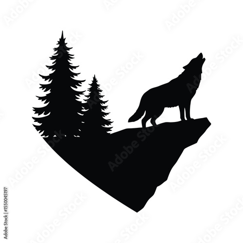 Silhouette of a wolf howling at the moon on a mountain peak with pine trees