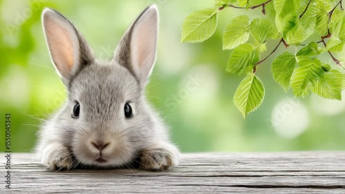 Curious bunny exploring sunny garden: adorable rabbit peeking and hopping on wooden tabletop