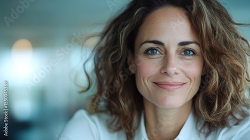 A cheerful woman with curly hair smiles warmly at the camera in a well-lit office environment, conveying positivity and professionalism in her demeanor and appearance. Free Download A cheerful woman with curly hair smiles warmly at the camera in a well-lit office environment, conveying positivity and professionalism in her demeanor and appearance. - GFXLoad