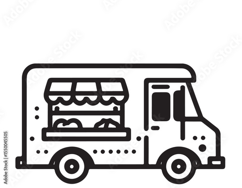 Cartoon line logo street food truck. Hand drawn line art vector illustration