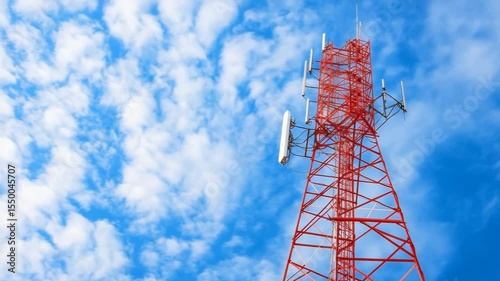 Vibrant red communication tower against dynamic cloudy sky background