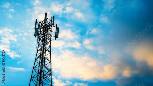 Cell tower against dynamic cloudy sky with shifting light and colors