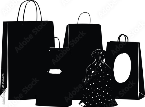 Black and white vector illustration of five assorted shopping and gift bags including drawstring, cut-out handle, and patterned variants,