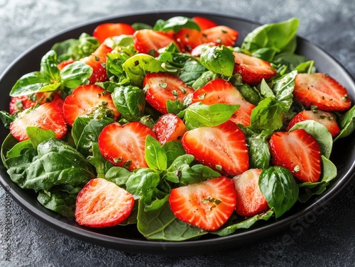 Strawberry basil salad on a dark plate with fresh herbs and dressing. This image is ideal for blogs about healthy food or summer recipes.