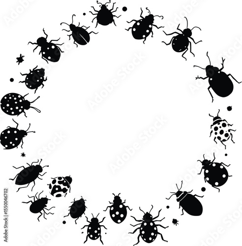 Black and white vector illustration of assorted insect silhouettes arranged in a circular wreath formation, featuring beetles, flies, and winged bugs,