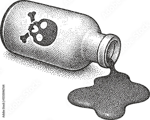 Spilled Poison: A graphic illustration depicts a hazardous spill of toxic liquid from a labeled container, emphasizing the dangers of harmful substances. 