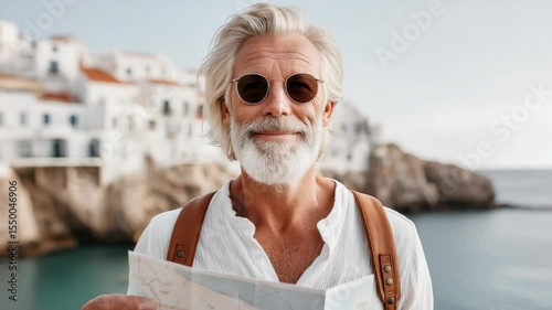 Elderly traveler exploring coastal village with map under sunny blue skies