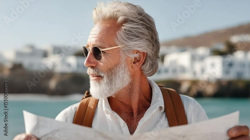 Exploring seaside town: elderly traveler reading map while walking along shore