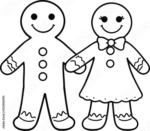 Black and white vector illustration of two gingerbread figures holding hands, featuring a gingerbread man with icing buttons and a gingerbread woman with a bow and dress, 