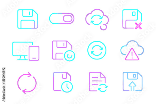 Neon tech icons: floppy disk, cloud, smartphone, sync, and alert symbols