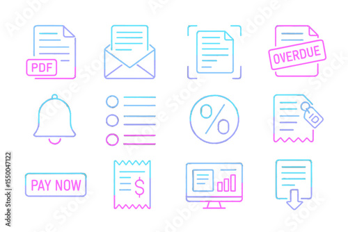 Neon icons of office documents and notifications on dark background