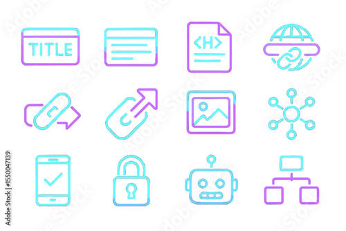 Neon icons of web elements and digital interface components on dark background