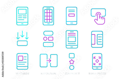 Neon style mobile interface icons displaying various app features