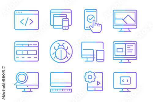 Glowing neon icons for web and software development on dark background
