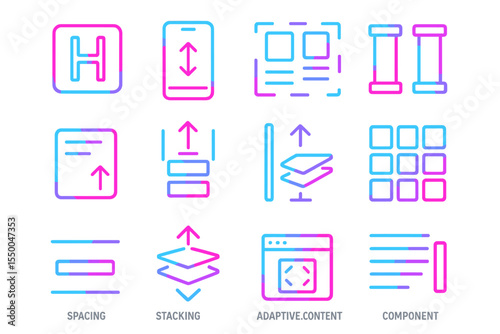 Glowing neon ui icons: spacing, stacking, content, component symbols